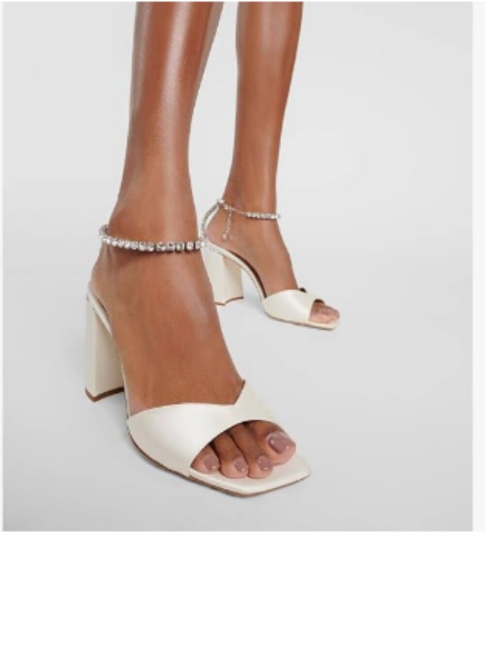 XYD White Satin Block Heel Sandals Crystal Chain Ankle Strap Open Toe Pumps